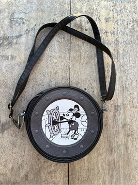 Loungefly Round Crossbody Bag with Vintage Mickey Mouse Steamboat Willie Graphic